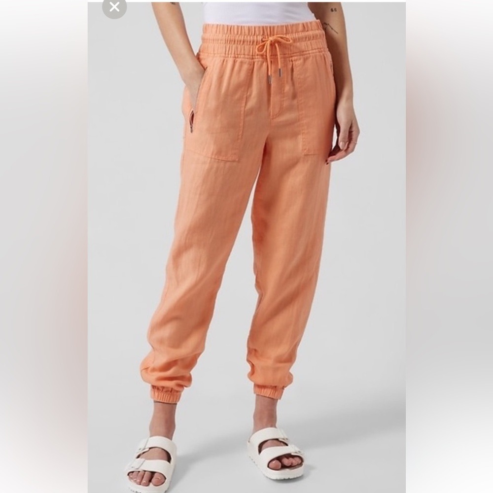 Athleta Cabo Linen Jogger Pants Peach Elastic Waist Zip Pockets Women's Size‎ 6